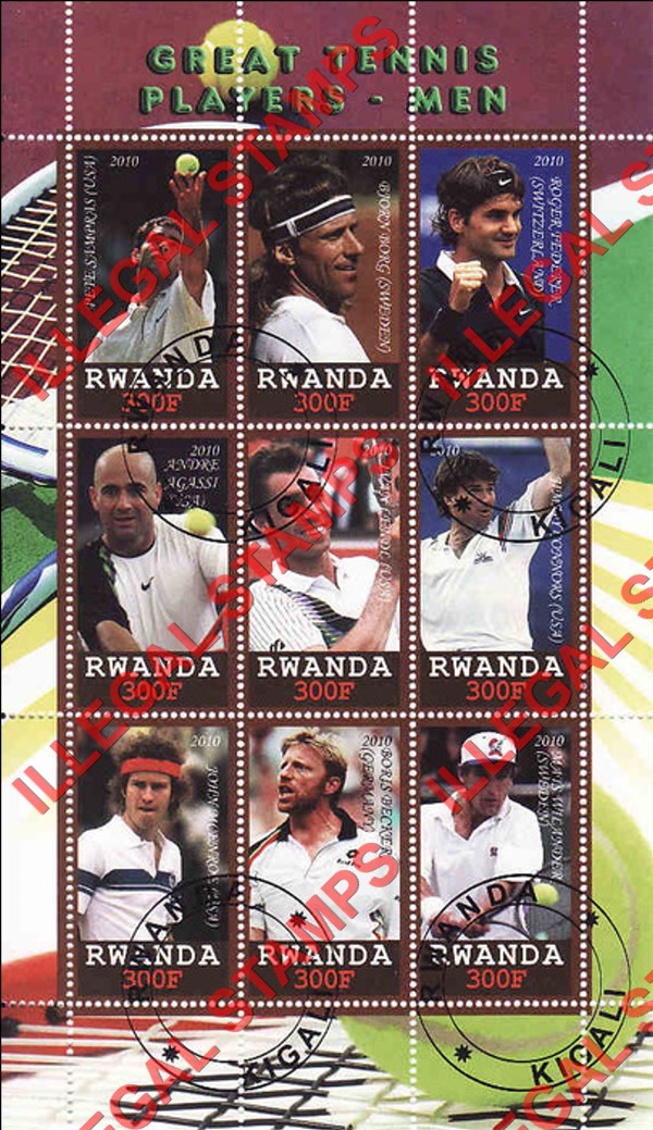 Rwanda 2010 Great Tennis Players Men Illegal Stamp Sheet of 9 Rwanda 2010 Great Tennis Players Men Illegal Stamp Sheet of 9