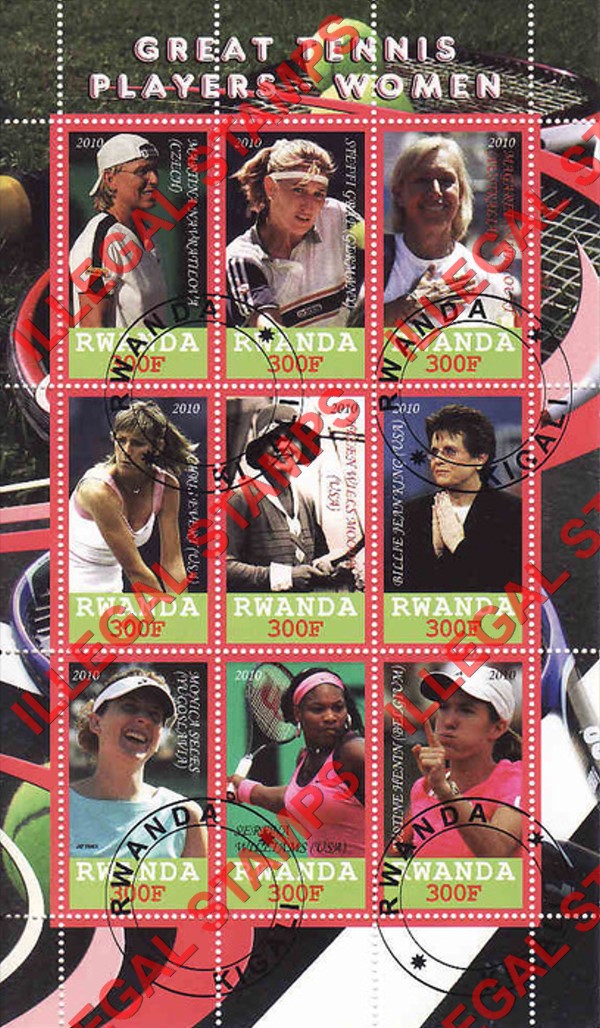 Rwanda 2010 Great Tennis Players Women Illegal Stamp Sheet of 9 Rwanda 2010 Great Tennis Players Women Illegal Stamp Sheet of 9