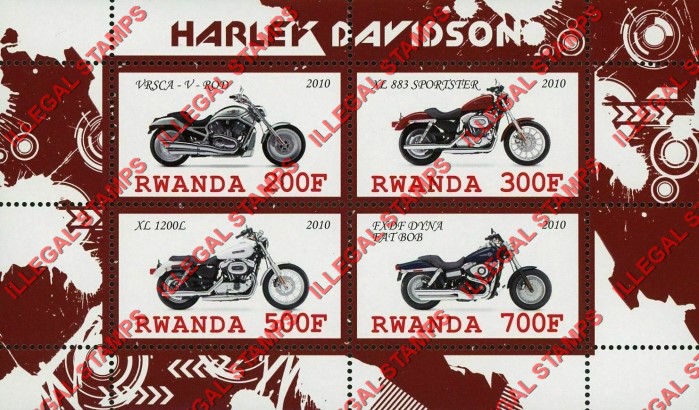 Rwanda 2010 Harley Davidson Motorcycles Illegal Stamp Souvenir Sheet of 4 Rwanda 2010 Harley Davidson Motorcycles Illegal Stamp Souvenir Sheet of 4