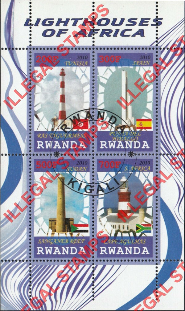 Rwanda 2010 Lighthouses of Africa Illegal Stamp Souvenir Sheet of 4 Rwanda 2010 Lighthouses of Africa Illegal Stamp Souvenir Sheet of 4