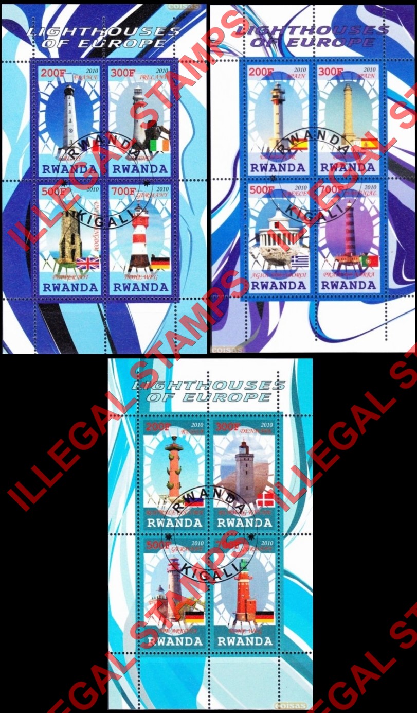Rwanda 2010 Lighthouses of Europe Illegal Stamp Souvenir Sheets of 4 Rwanda 2010 Lighthouses of Europe Illegal Stamp Souvenir Sheets of 4