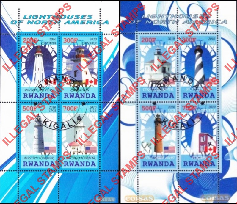 Rwanda 2010 Lighthouses of North America Illegal Stamp Souvenir Sheets of 4 Rwanda 2010 Lighthouses of North America Illegal Stamp Souvenir Sheets of 4