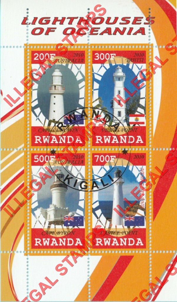 Rwanda 2010 Lighthouses of Oceania Illegal Stamp Souvenir Sheet of 4 Rwanda 2010 Lighthouses of Oceania Illegal Stamp Souvenir Sheet of 4
