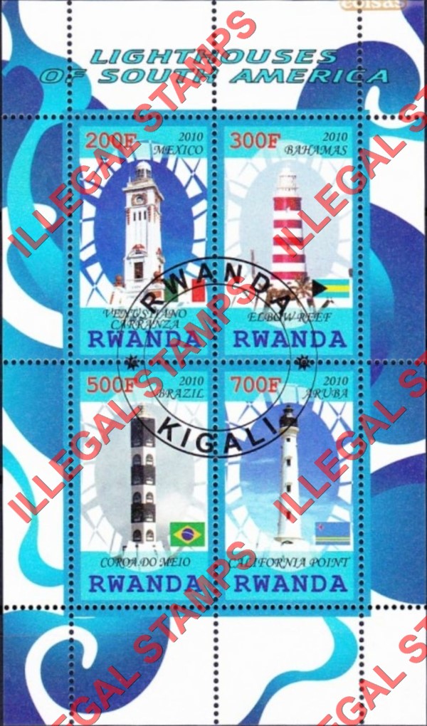 Rwanda 2010 Lighthouses of South America Illegal Stamp Souvenir Sheet of 4 Rwanda 2010 Lighthouses of South America Illegal Stamp Souvenir Sheet of 4