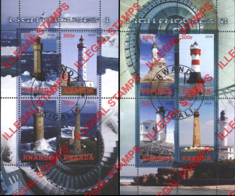 Rwanda 2010 Lighthouses Illegal Stamp Souvenir Sheets of 4 Rwanda 2010 Lighthouses Illegal Stamp Souvenir Sheets of 4
