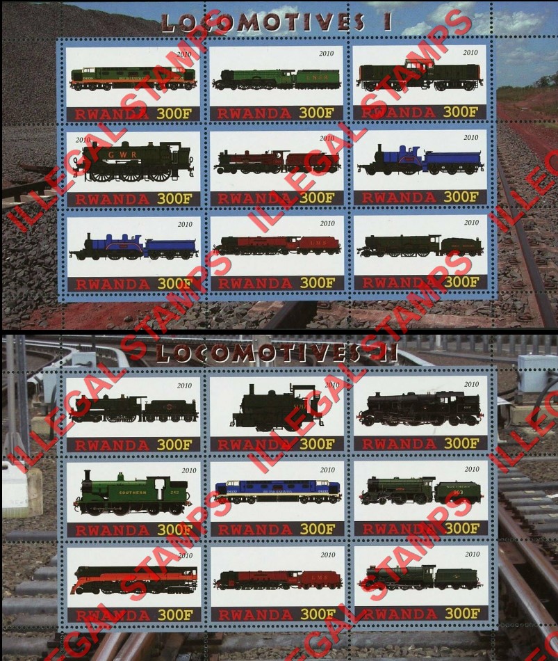 Rwanda 2010 Locomotives Illegal Stamp Sheets of 9 Rwanda 2010 Locomotives Illegal Stamp Sheets of 9