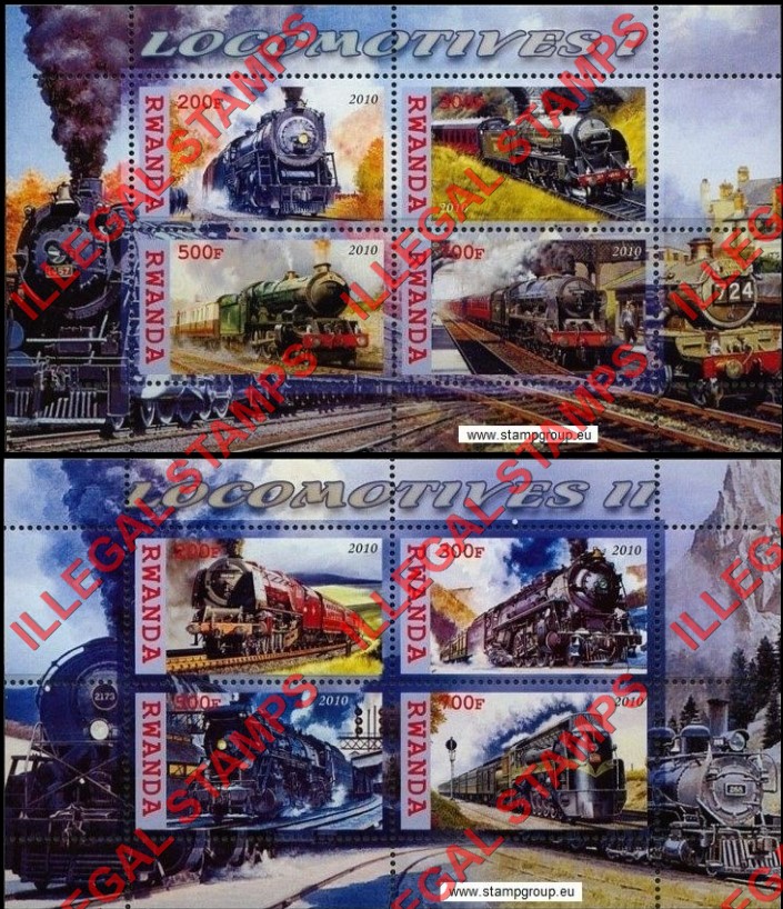 Rwanda 2010 Locomotives Illegal Stamp Souvenir Sheets of 4 Rwanda 2010 Locomotives Illegal Stamp Souvenir Sheets of 4