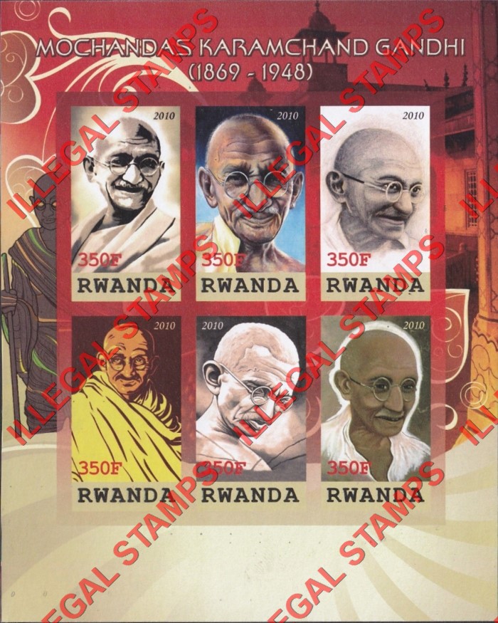 Rwanda 2010 Mahatma Gandhi Illegal Stamp Souvenir Sheet of 6 Rwanda 2010 Mahatma Gandhi Illegal Stamp Souvenir Sheet of 6