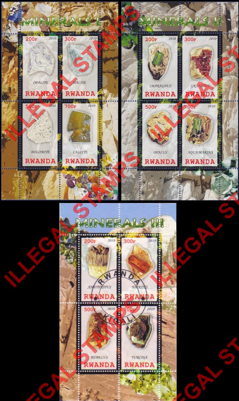 Rwanda 2010 Minerals Illegal Stamp Souvenir Sheets of 4 Rwanda 2010 Minerals Illegal Stamp Souvenir Sheets of 4