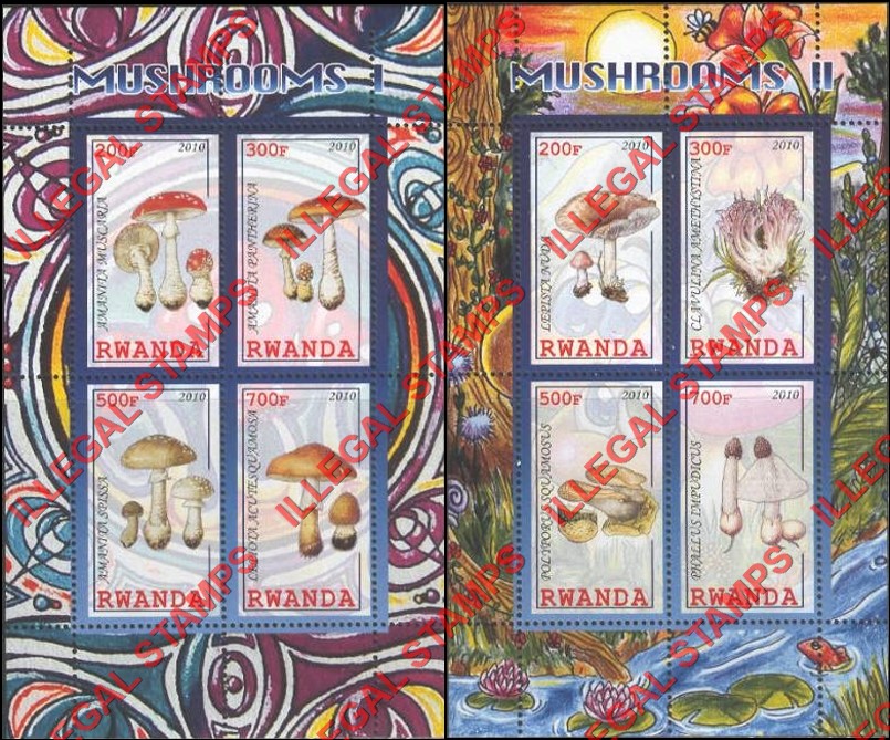 Rwanda 2010 Mushrooms Illegal Stamp Souvenir Sheets of 4 Rwanda 2010 Mushrooms Illegal Stamp Souvenir Sheets of 4