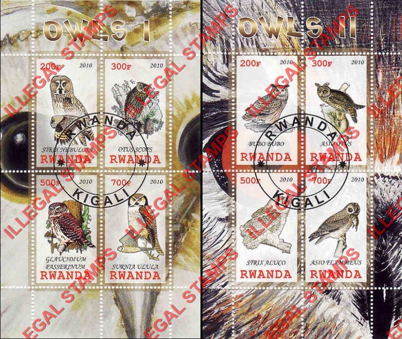 Rwanda 2010 Owls Illegal Stamp Souvenir Sheets of 4 Rwanda 2010 Owls Illegal Stamp Souvenir Sheets of 4