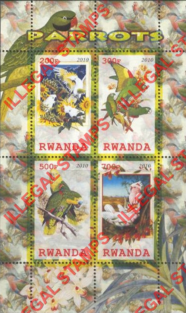 Rwanda 2010 Parrots Illegal Stamp Souvenir Sheet of 4 Rwanda 2010 Parrots Illegal Stamp Souvenir Sheet of 4