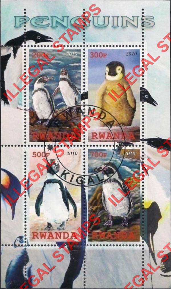 Rwanda 2010 Penguins Illegal Stamp Souvenir Sheet of 4 Rwanda 2010 Penguins Illegal Stamp Souvenir Sheet of 4