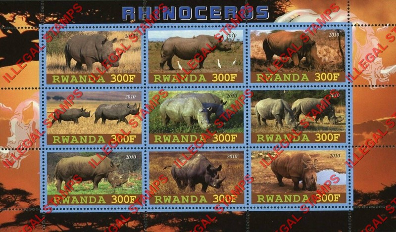 Rwanda 2010 Rhinoceros Illegal Stamp Sheet of 9 Rwanda 2010 Rhinoceros Illegal Stamp Sheet of 9