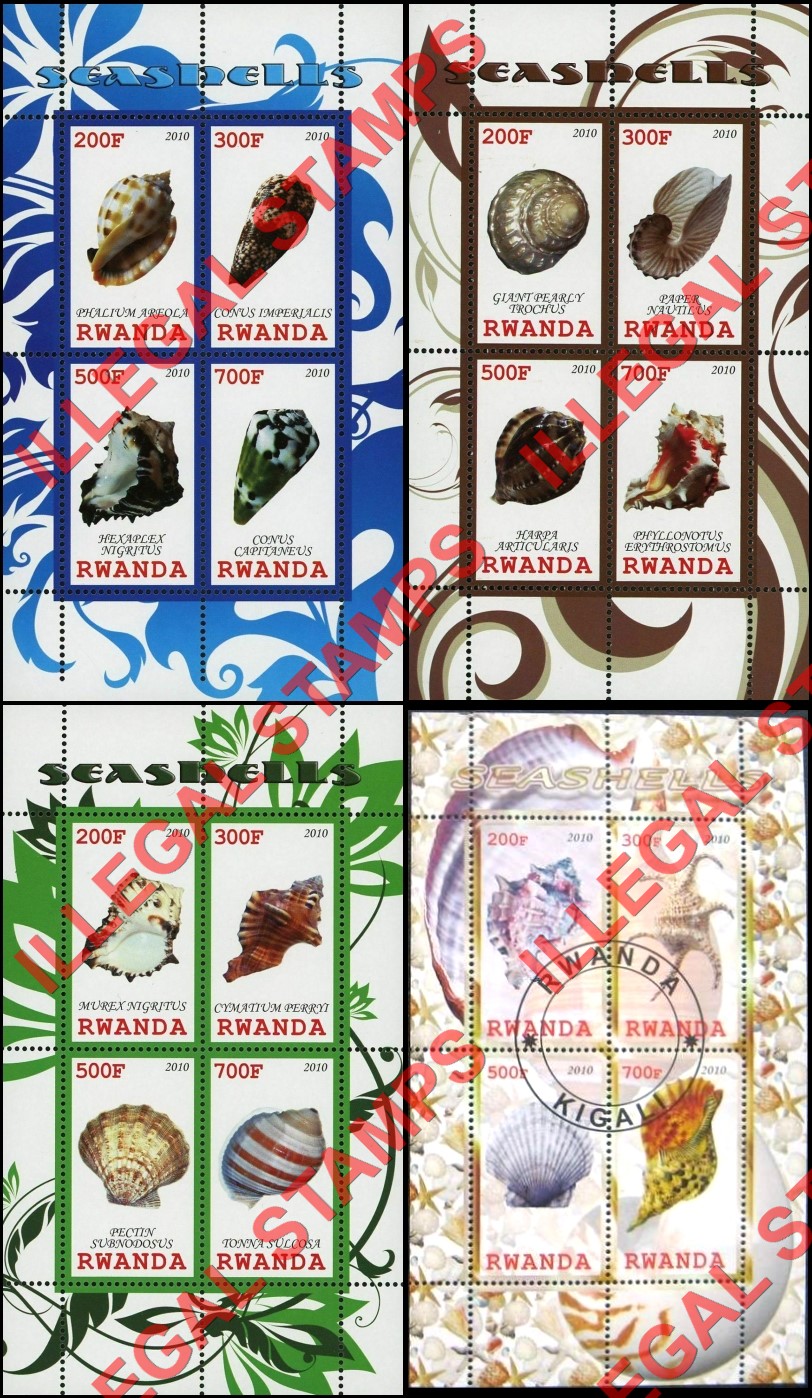 Rwanda 2010 Seashells Illegal Stamp Souvenir Sheets of 4 Rwanda 2010 Seashells Illegal Stamp Souvenir Sheets of 4