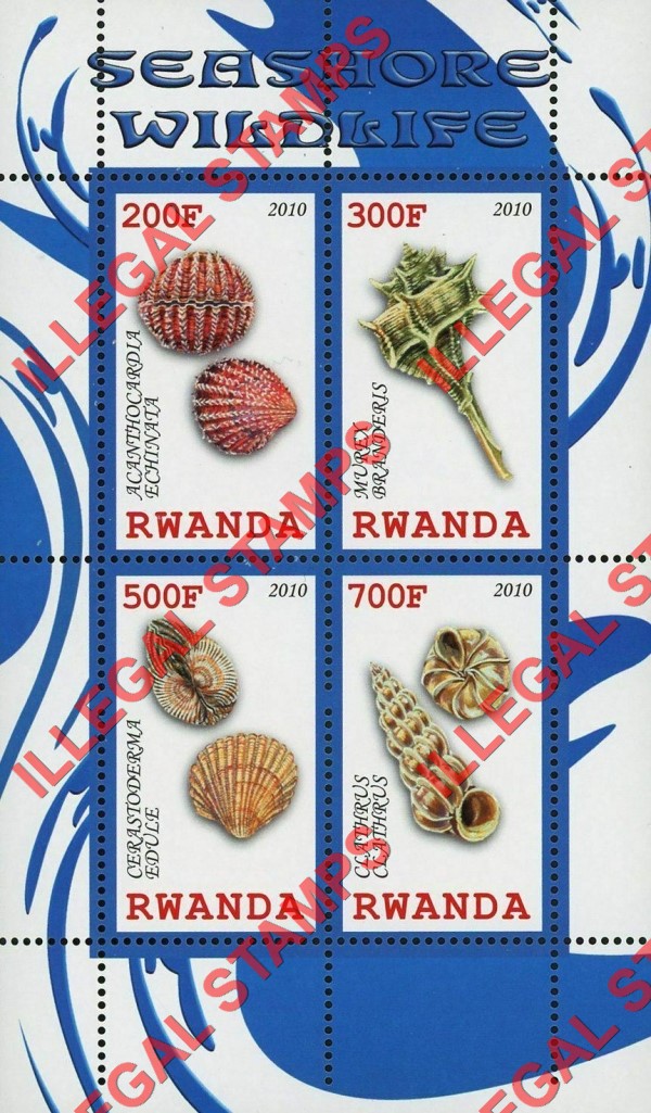 Rwanda 2010 Seashore Wildlife Illegal Stamp Souvenir Sheet of 4 Rwanda 2010 Seashore Wildlife Illegal Stamp Souvenir Sheet of 4