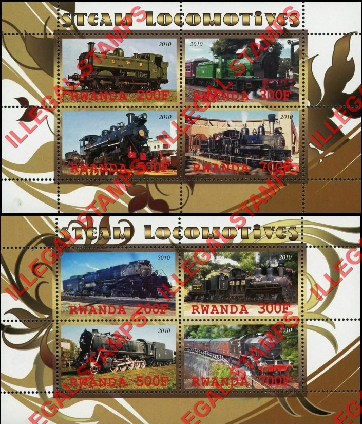 Rwanda 2010 Steam Locomotives Illegal Stamp Souvenir Sheets of 4 Rwanda 2010 Steam Locomotives Illegal Stamp Souvenir Sheets of 4