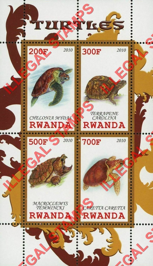 Rwanda 2010 Turtles Illegal Stamp Souvenir Sheet of 4 Rwanda 2010 Turtles Illegal Stamp Souvenir Sheet of 4