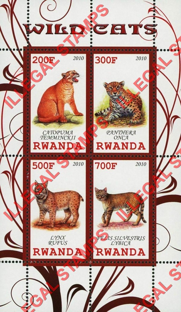 Rwanda 2010 Wild Cats Illegal Stamp Souvenir Sheet of 4 Rwanda 2010 Wild Cats Illegal Stamp Souvenir Sheet of 4
