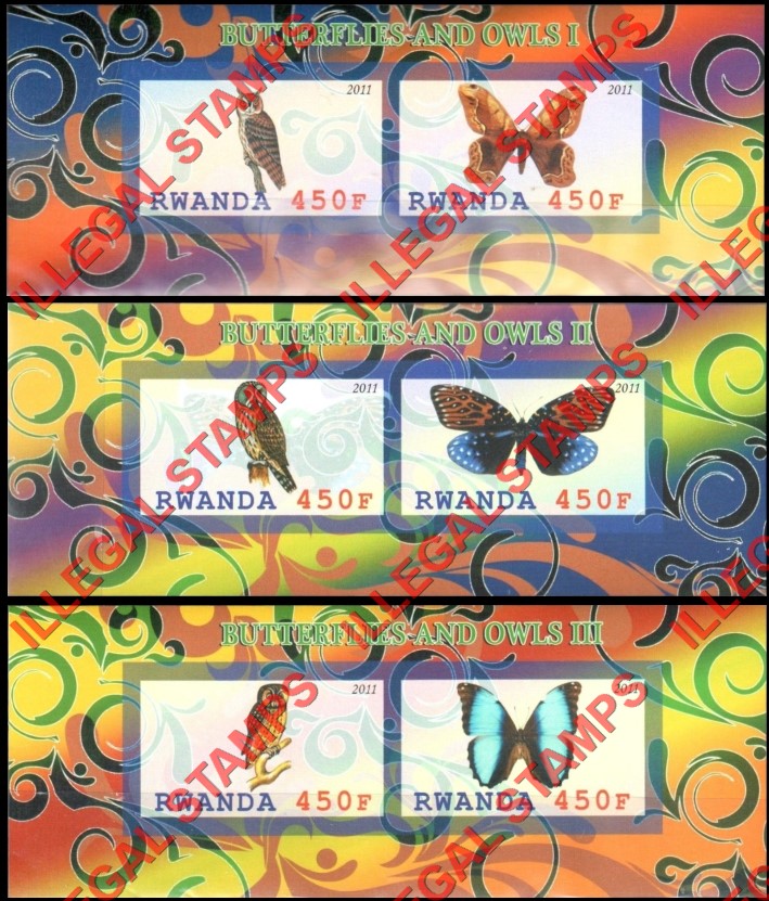 Rwanda 2011 Butterflies and Owls Illegal Stamp Souvenir Sheets of 2 (Part 1) Rwanda 2011 Butterflies and Owls Illegal Stamp Souvenir Sheets of 2 (Part 1)