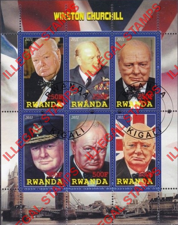 Rwanda 2011 Winston Churchill Illegal Stamp Souvenir Sheet of 6 Rwanda 2011 Winston Churchill Illegal Stamp Souvenir Sheet of 6