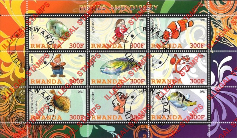 Rwanda 2011 Fish and Disney Characters Illegal Stamp Sheet of 9 Rwanda 2011 Fish and Disney Characters Illegal Stamp Sheet of 9