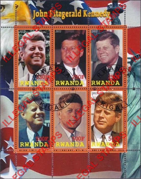 Rwanda 2011 John F. Kennedy Illegal Stamp Souvenir Sheet of 6 Rwanda 2011 John F. Kennedy Illegal Stamp Souvenir Sheet of 6
