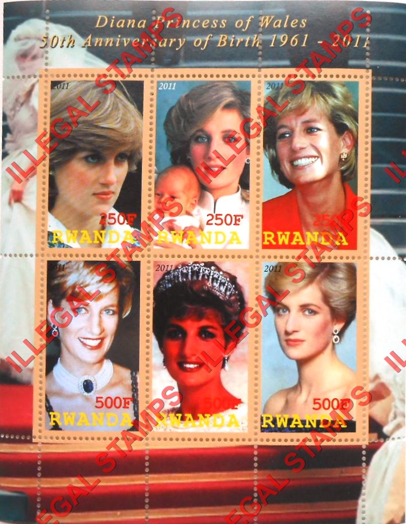 Rwanda 2011 Princess Diana Illegal Stamp Souvenir Sheet of 6 Rwanda 2011 Princess Diana Illegal Stamp Souvenir Sheet of 6