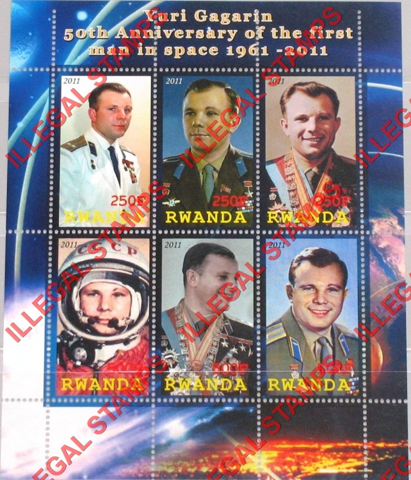 Rwanda 2011 Yuri Gagarin First Man in Space Illegal Stamp Souvenir Sheet of 6 Rwanda 2011 Yuri Gagarin First Man in Space Illegal Stamp Souvenir Sheet of 6