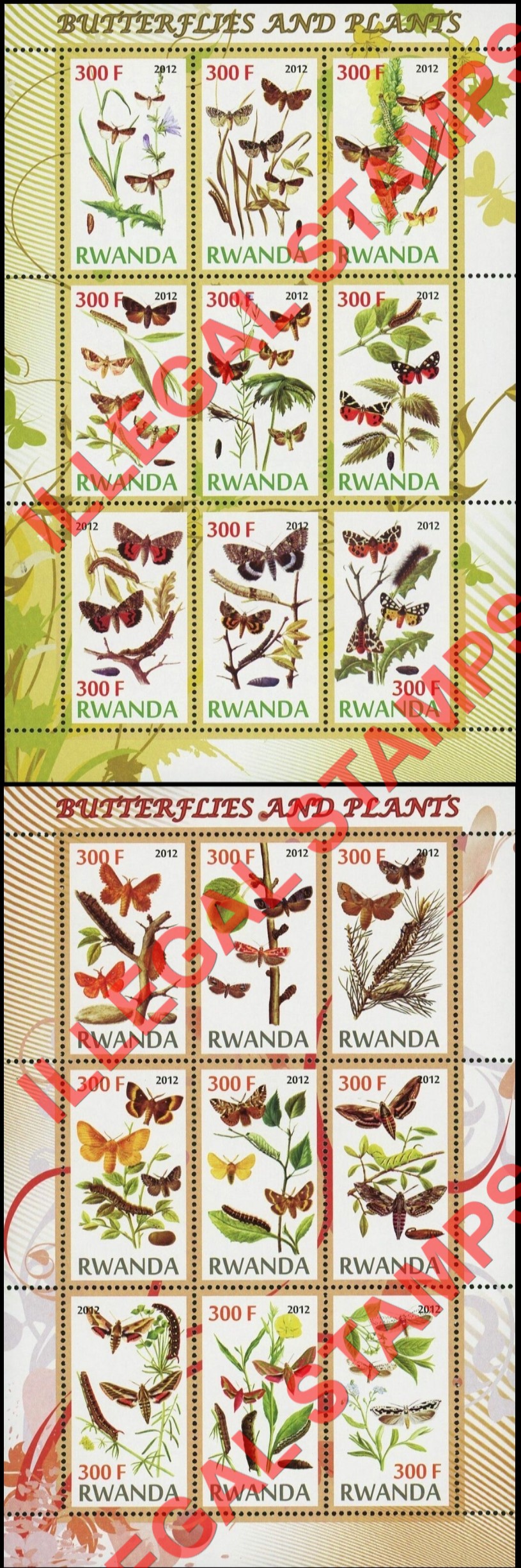 Rwanda 2012 Butterflies and Plants Illegal Stamp Sheets of 9 Rwanda 2012 Butterflies and Plants Illegal Stamp Sheets of 9
