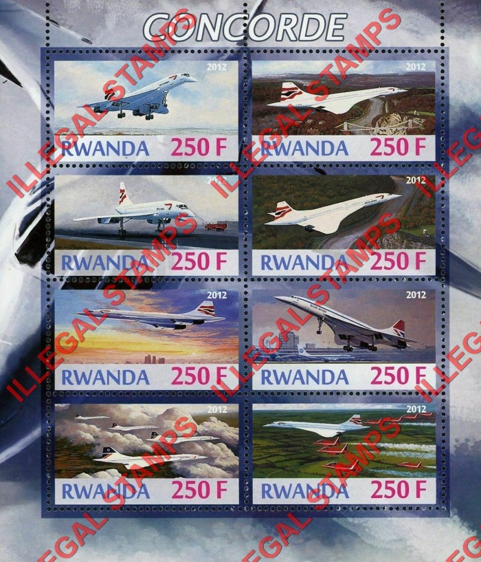 Rwanda 2012 Concorde Illegal Stamp Souvenir Sheet of 8 Rwanda 2012 Concorde Illegal Stamp Souvenir Sheet of 8