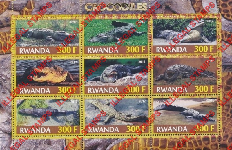 Rwanda 2012 Crocodiles Illegal Stamp Sheet of 9 Rwanda 2012 Crocodiles Illegal Stamp Sheet of 9