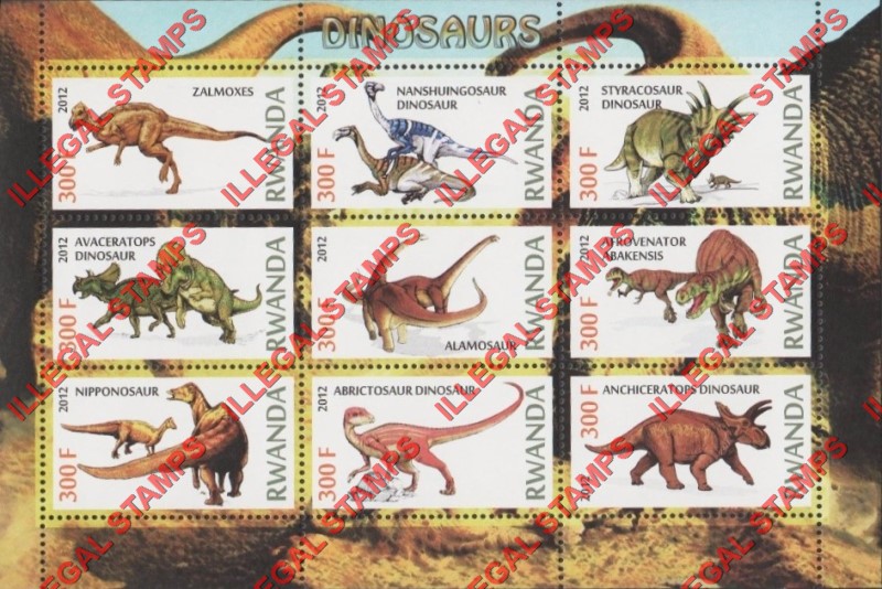 Rwanda 2012 Dinosaurs Illegal Stamp Sheet of 9 Rwanda 2012 Dinosaurs Illegal Stamp Sheet of 9