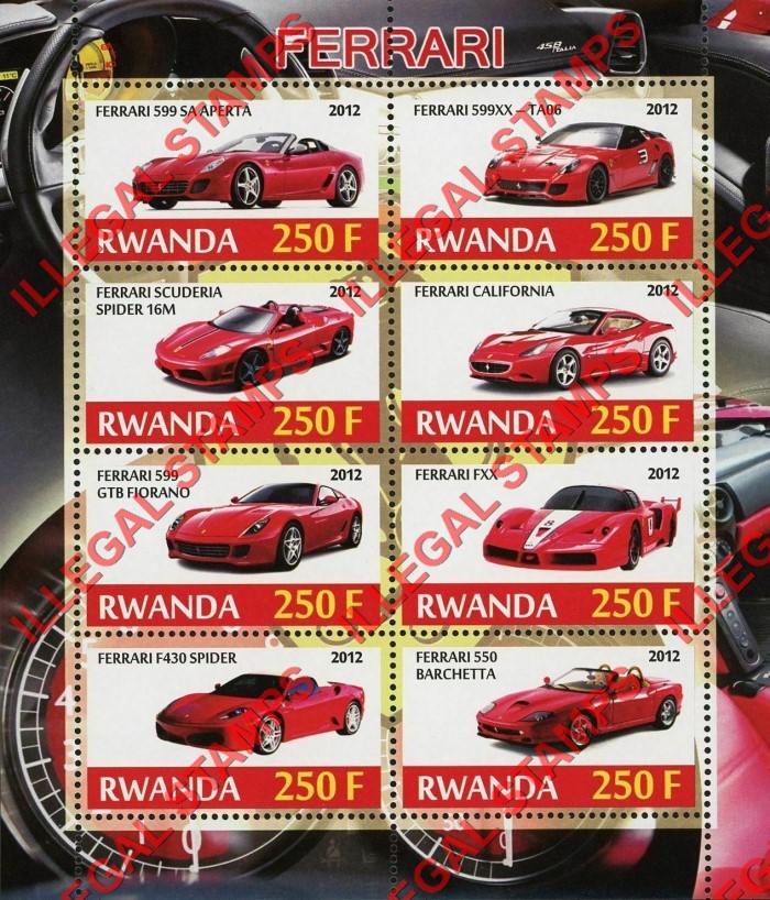 Rwanda 2012 Ferrari Illegal Stamp Souvenir Sheet of 8 Rwanda 2012 Ferrari Illegal Stamp Souvenir Sheet of 8