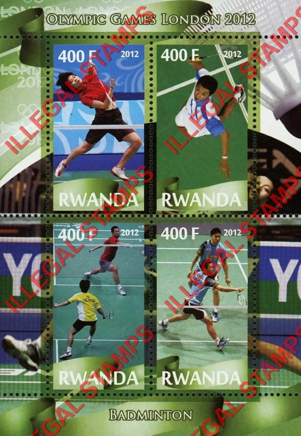 Rwanda 2012 Olympic Games Badminton Illegal Stamp Souvenir Sheet of 4 Rwanda 2012 Olympic Games Badminton Illegal Stamp Souvenir Sheet of 4