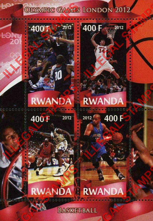 Rwanda 2012 Olympic Games Basketball Illegal Stamp Souvenir Sheet of 4 Rwanda 2012 Olympic Games Basketball Illegal Stamp Souvenir Sheet of 4