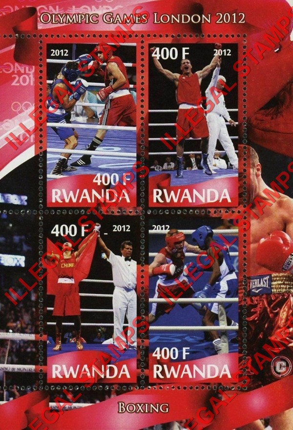 Rwanda 2012 Olympic Games Boxing Illegal Stamp Souvenir Sheet of 4 Rwanda 2012 Olympic Games Boxing Illegal Stamp Souvenir Sheet of 4