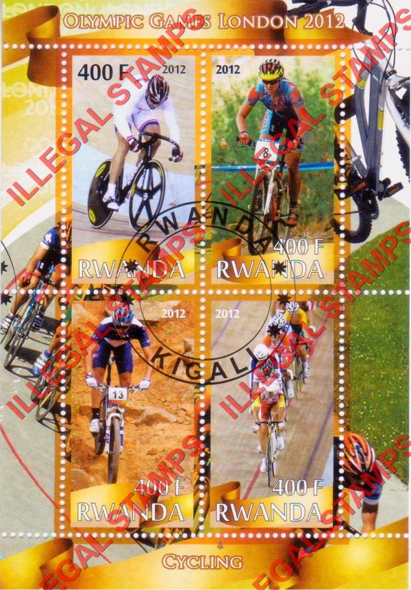 Rwanda 2012 Olympic Games Cycling Illegal Stamp Souvenir Sheet of 4 Rwanda 2012 Olympic Games Cycling Illegal Stamp Souvenir Sheet of 4