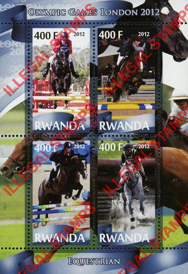 Rwanda 2012 Olympic Games Equestrian Illegal Stamp Souvenir Sheet of 4 Rwanda 2012 Olympic Games Equestrian Illegal Stamp Souvenir Sheet of 4