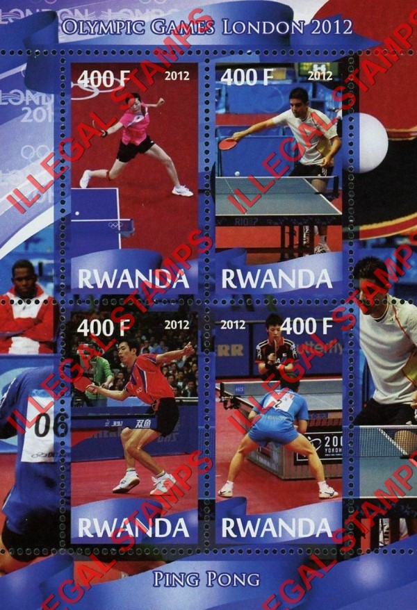 Rwanda 2012 Olympic Games Ping Pong Table Tennis Illegal Stamp Souvenir Sheet of 4 Rwanda 2012 Olympic Games Ping Pong Table Tennis Illegal Stamp Souvenir Sheet of 4