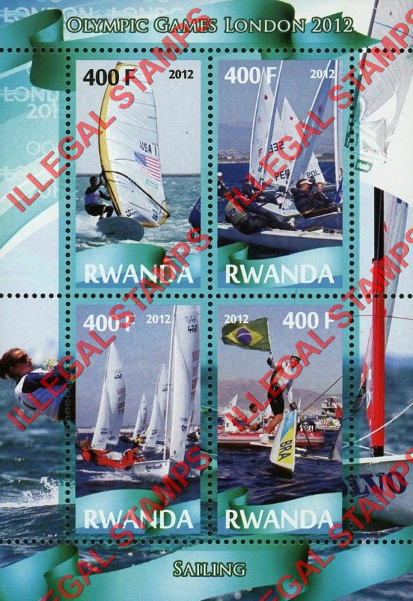 Rwanda 2012 Olympic Games Sailing Illegal Stamp Souvenir Sheet of 4 Rwanda 2012 Olympic Games Sailing Illegal Stamp Souvenir Sheet of 4