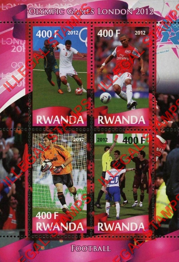 Rwanda 2012 Olympic Games Soccer Football Illegal Stamp Souvenir Sheet of 4 Rwanda 2012 Olympic Games Soccer Football Illegal Stamp Souvenir Sheet of 4