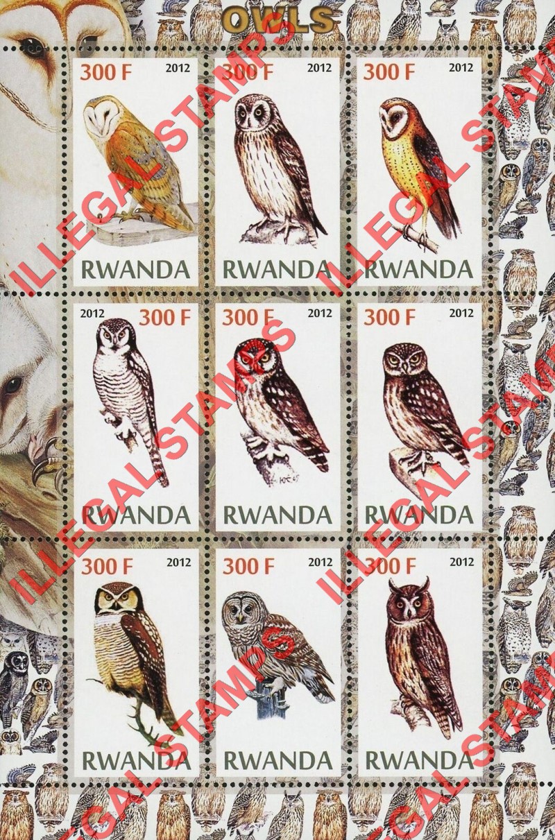 Rwanda 2012 Owls Illegal Stamp Sheet of 9 Rwanda 2012 Owls Illegal Stamp Sheet of 9