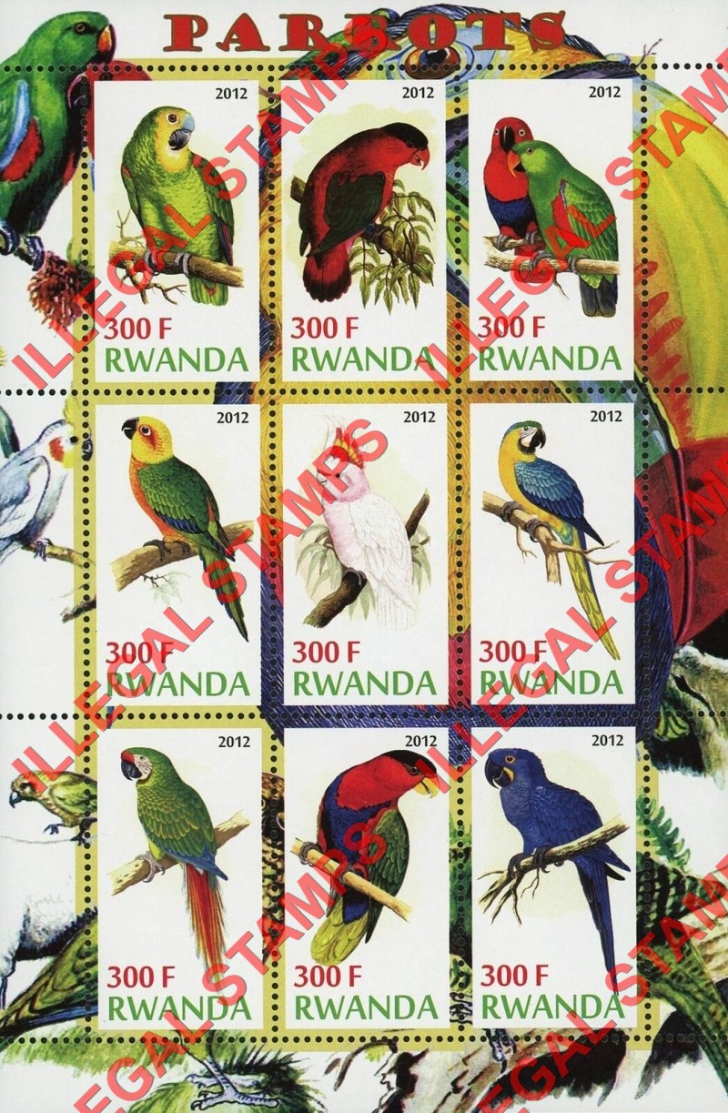Rwanda 2012 Parrots Illegal Stamp Sheet of 9 Rwanda 2012 Parrots Illegal Stamp Sheet of 9