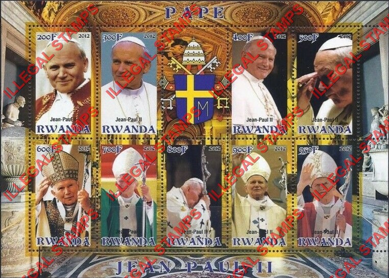 Rwanda 2012 Pope John Paul II Illegal Stamp Souvenir Sheet of 9 Plus Label Rwanda 2012 Pope John Paul II Illegal Stamp Souvenir Sheet of 9 Plus Label