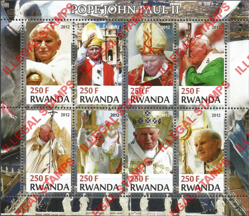 Rwanda 2012 Pope John Paul II Illegal Stamp Souvenir Sheet of 8 Rwanda 2012 Pope John Paul II Illegal Stamp Souvenir Sheet of 8