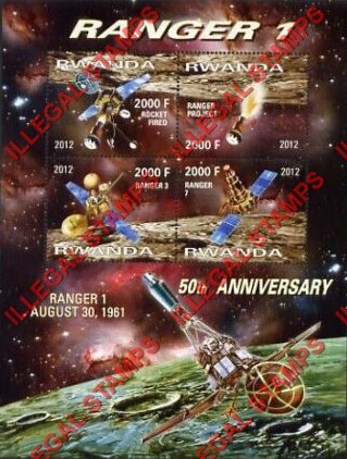 Rwanda 2012 Space 50th Anniversary Ranger 1 Illegal Stamp Souvenir Sheet of 4 Rwanda 2012 Space 50th Anniversary Ranger 1 Illegal Stamp Souvenir Sheet of 4
