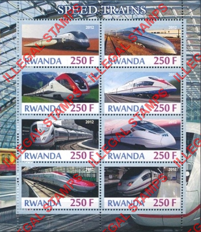 Rwanda 2012 Speed Trains Illegal Stamp Souvenir Sheet of 8 Rwanda 2012 Speed Trains Illegal Stamp Souvenir Sheet of 8