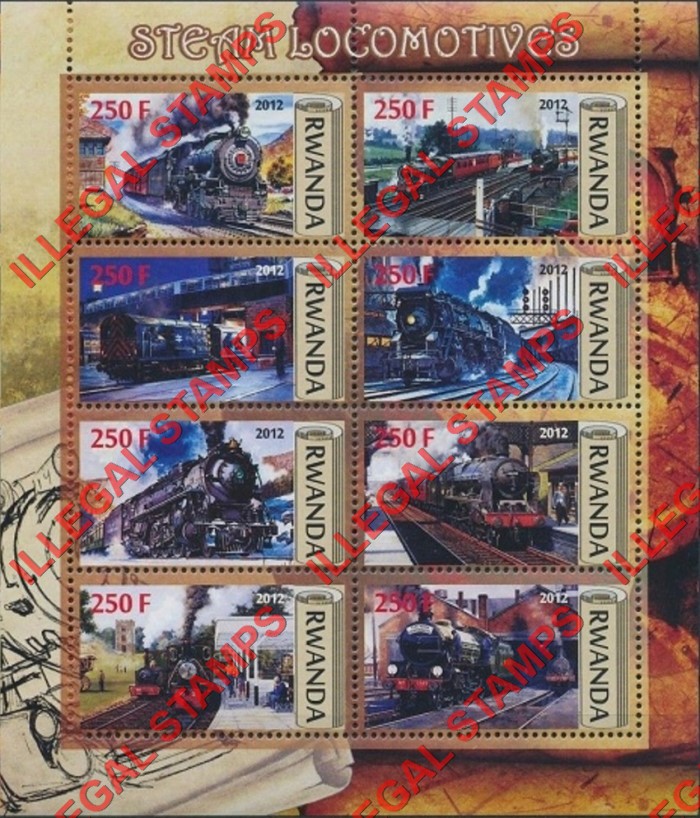 Rwanda 2012 Steam Locomotives Illegal Stamp Souvenir Sheet of 8 Rwanda 2012 Steam Locomotives Illegal Stamp Souvenir Sheet of 8