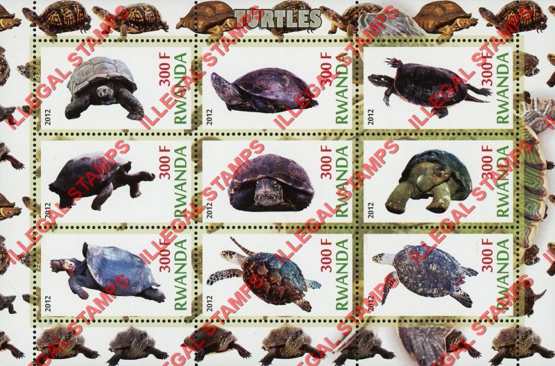 Rwanda 2012 Turtles Illegal Stamp Sheet of 9 Rwanda 2012 Turtles Illegal Stamp Sheet of 9